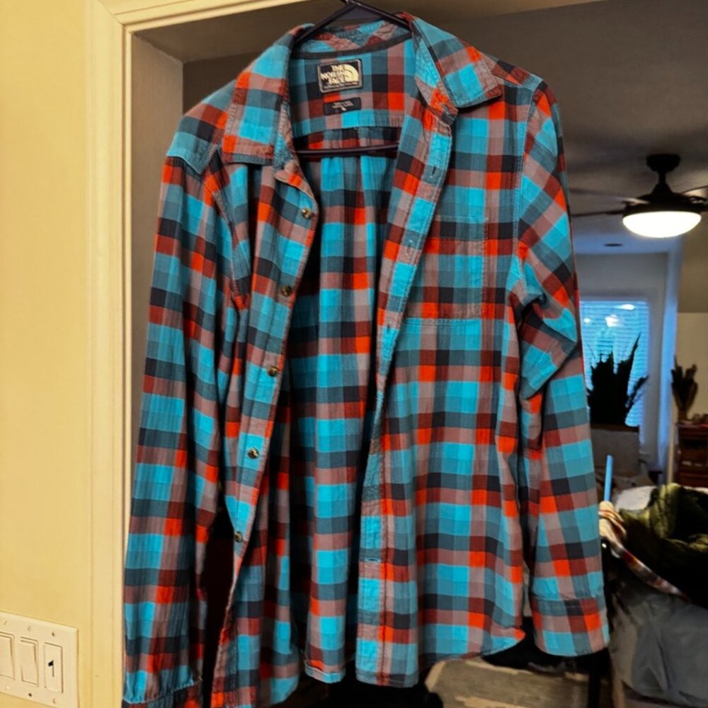 The North Face Flannel Shirt - Men's Medium - Red Black Blue Plaid Long Sleeve